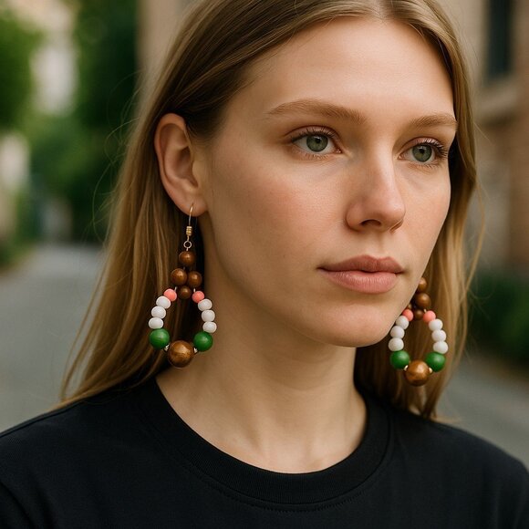 Fun in the Summertime. White wood green and pink beaded hoop earrings - Picture 1 of 5